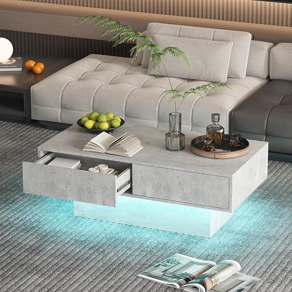 Grey LED Coffee Table with Storage, Rectangular Center Table