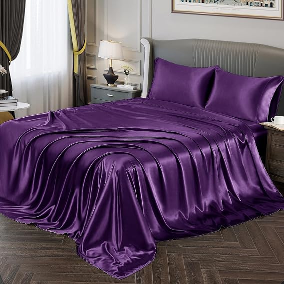 Vonty Satin Twin Dark Purple Sheets, Fitted + Flat + Pillowcase | Silky Satin Protects Hair, Reduces Facial Wrinkles, Deep Pocket Up To 15 Inch, Machine Washable, Year-Round Comfort
