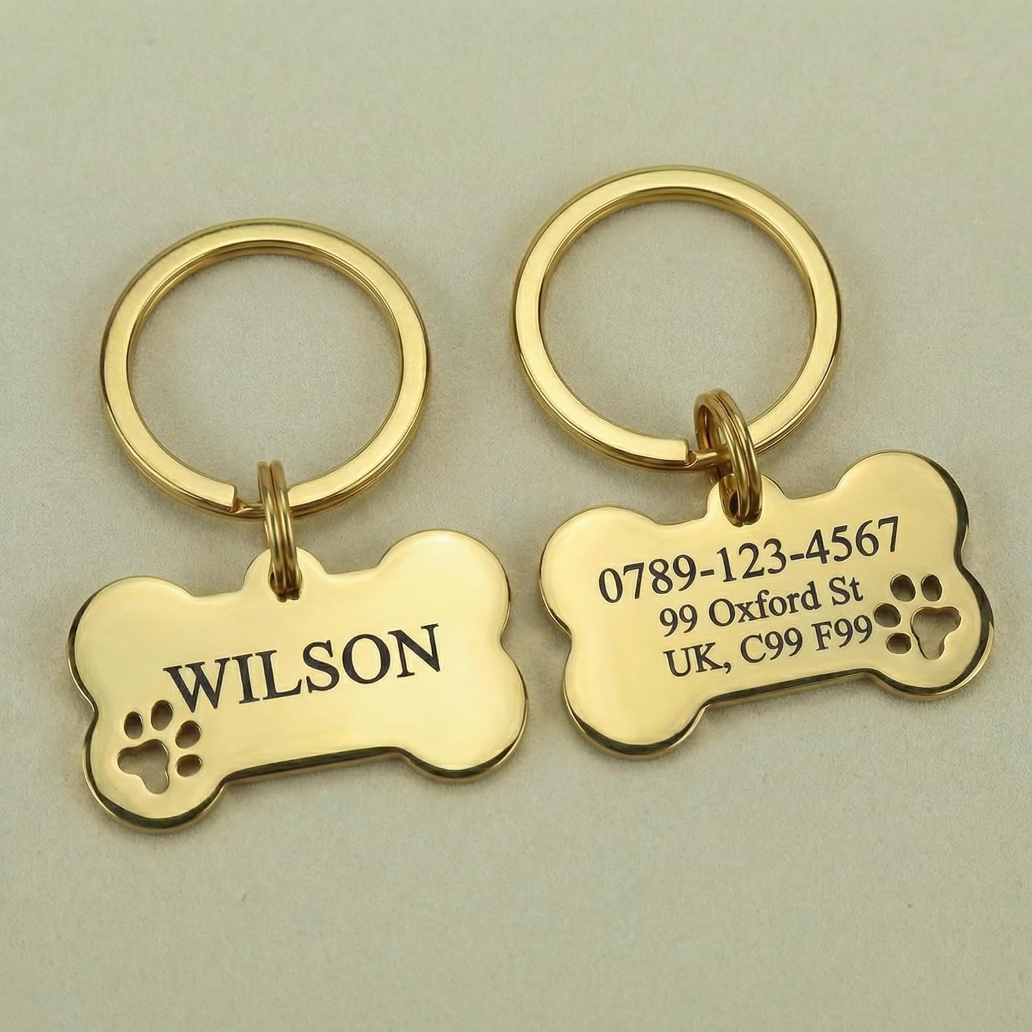 Personalised Stainless Steel Dog Tag with Engraving – Durable Metal Pet ID Tag, Scratch Resistant, Custom Name & Phone Number for Dogs and Cats (Gold - Bone, Small)
