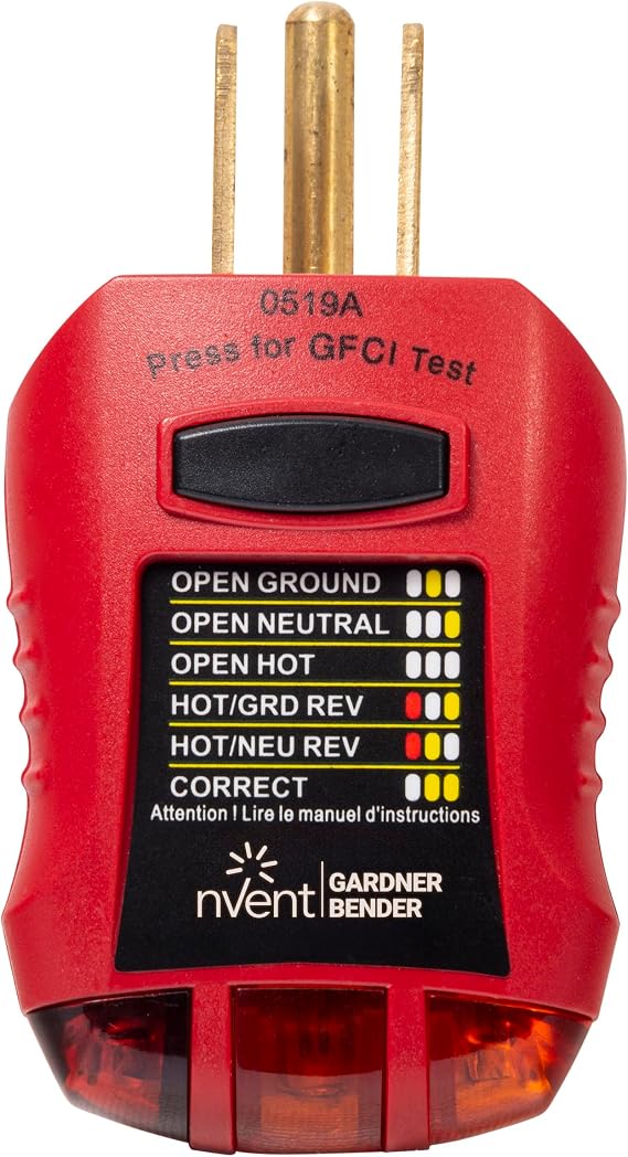 Gardner Bender GFI-3501 Ground Fault Receptacle Tester & Circuit Analyzer, 110-125V AC, for GFCI / Standard / Extension Cords & More, 7 Visual LED Tests , Red | 110-125V AC Receptacle Tester w/ 3 LED Lights Indicating 7 Wiring Conditions, Tests GFCI & Outlets (Formerly: Gardner Bender)