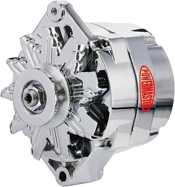 Powermaster Alternator, GM Original Look, 12SI, 100 amps, 12V, 1-Wire / 3-Wire, Single V-Belt Pulley, Straight Mount, Aluminum Case, Chrome, GM, Each