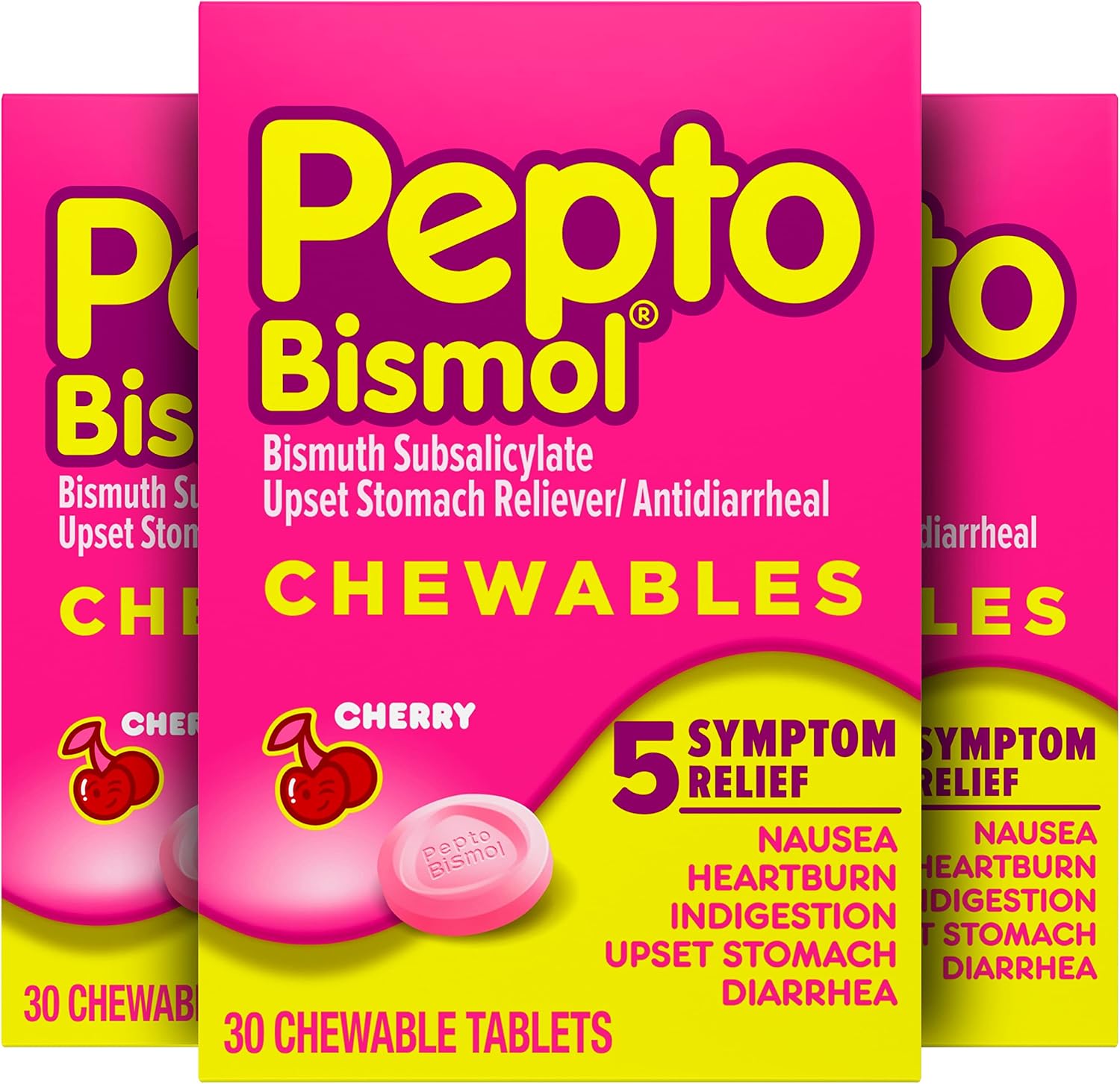 Pepto Bismol Chewable Tablets for Nausea, Heartburn, Indigestion, Upset Stomach, and Diarrhea Relief, Original Flavor 3x30 ct – 90 Total