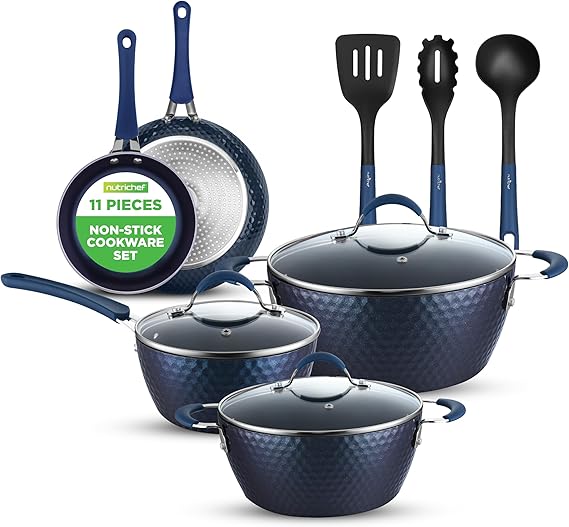 NutriChef 11-Piece Kitchen Cookware Set, Non-Stick Pots and Pans, Easy-to-Clean, Kitchen Utensils Set with Ceramic Coating for Home Cooking, Induction Safe, Diamond Pattern
