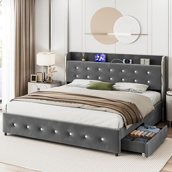 Queen Size Upholstered Bed Frame with 4 Drawers,Diamond Tufted Bed Frame with Charging Station,Platform Bed Frame with Headboard,No Box Spring Needed,Grey