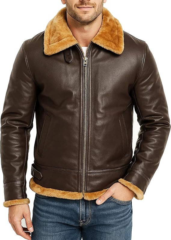 メンズ Aviator B3 RAF パイロット フェイクファー ムートンブラック&ブラウン フライングシープスキン レザー ボンバージャケット US サイズ: Large カラー: ブラック