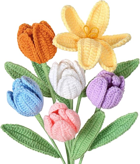 6 Stück Gehäkelte Blumen Künstliche Tulpen Blumenstrauß Häkelblumen