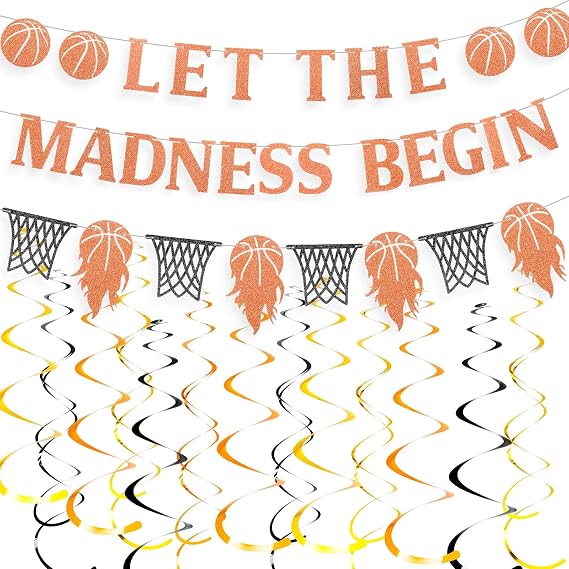 Yeaqee Let the Madness Begin Hanging Decorations Madness Basketball Party Decorations Sports Theme Party Orange Glitter and Basketball Hoop Garland Party Banners