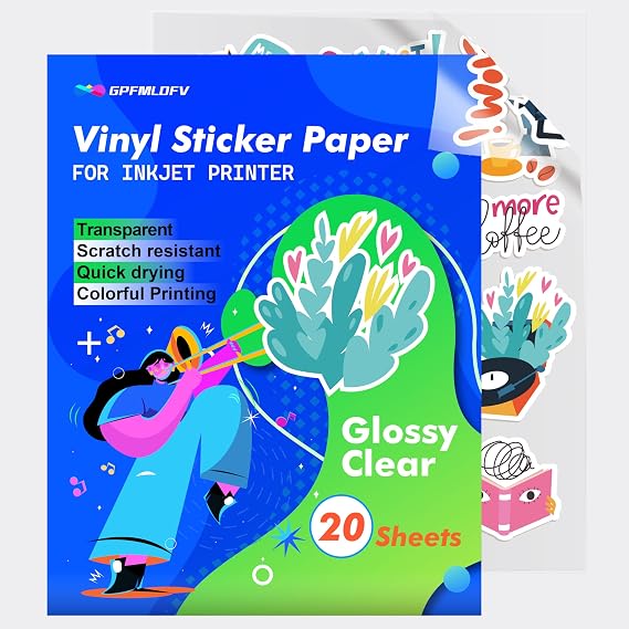 20 Sheets Clear Sticker Paper for Inkjet Printer - Glossy Printable Vinyl Sticker Paper Decal - Size 8.5'' x 11" A4 Self-Adhesive