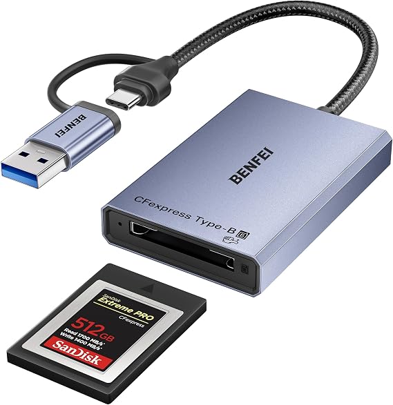 BENFEI CFexpress Type B Card Reader with USB 3.2 (Gen 2) 10Gbps, USB-C&USB-A 2-in-1 Type B CFexpress Adapter, Compatible with Windows/Mac/Linux/Android(Not for XQD Card)