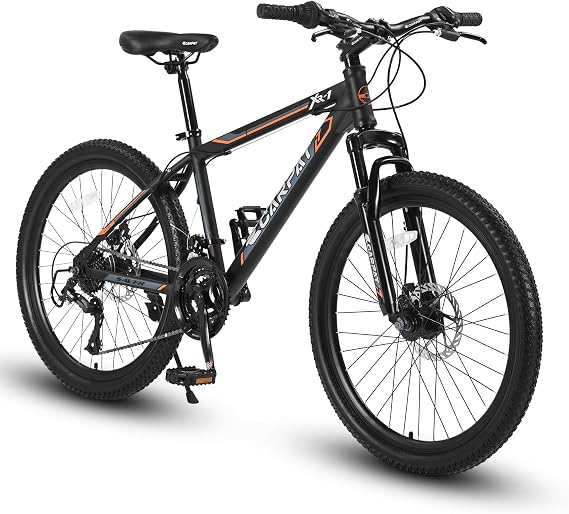 S24102 24 Inch Mountain Bike Boys Girls, Steel Frame 21 Speed Mountain Bicycle with Daul Disc Brakes and Front Suspension MTB