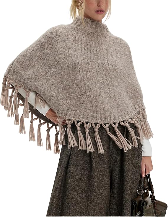 Women Tassel Poncho Sweater Mock Neck Pullover Cape Shrug Knitwear