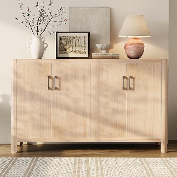 59.2" Farmhouse Rustic Style 4-Door Accent Buffet Cabinet with Metal Handles, Natural Wood Veneer Finish Storage Sideboard for Dining Room, Kitchen and Living Room (Natural-08)
