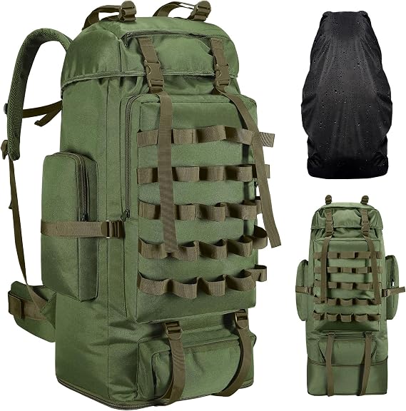 70L/100L Camping Hiking Backpack with Rain Cover, Expandable Large Military Tactical Backpack, Waterproof Molle Rucksack Travel Backpacking Daypack for Climbing Trekking (Green)
