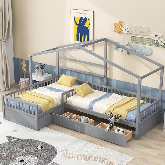 Harper & Bright Designs House Platform Bed with Storage Drawers and Roof, Wood Twin Size Bed Frame with Fence for Kids Boys Girls, No Box Spring Needed, Space Saving, Gray