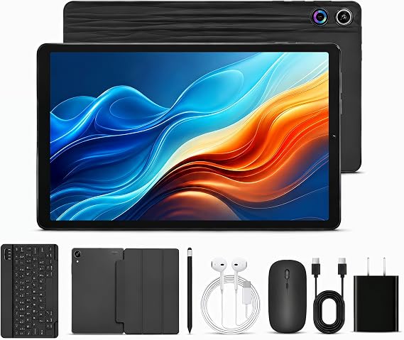Jeazans Android 16 Tablet 10.1 Inch, 2-in-1 Tablet Bundle with Keyboard, Wireless Mouse, Stylus, Leather Case, Dual Camera, 64GB Storage+4TB Expansion, Portable Laptop for Students & Business