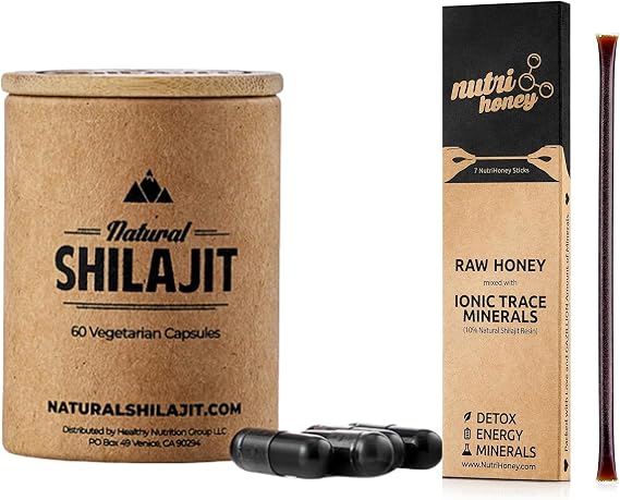 Natural Shilajit Capsules (1-2 Months Supply) - 60 Count & Shilajit Honey Sticks - Natural Shilajit Resin Mixed with Raw Honey (7 Sticks)