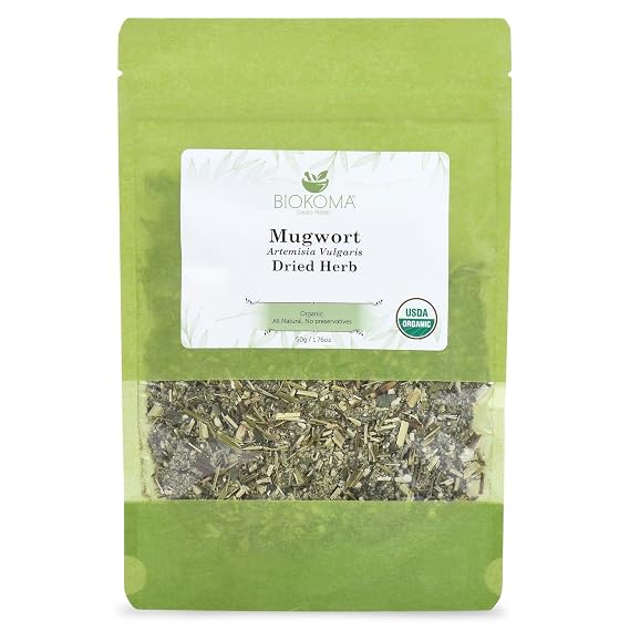 Biokoma Organic Mugwort Dried Herb 50g 1.76oz Artemisia vulgaris USDA Organic Herbal Tea Premium Cut Aromatic Leaves Lucid Dreaming Bath Resealable Pouch No Additives No Preservatives No GMO Kosher
