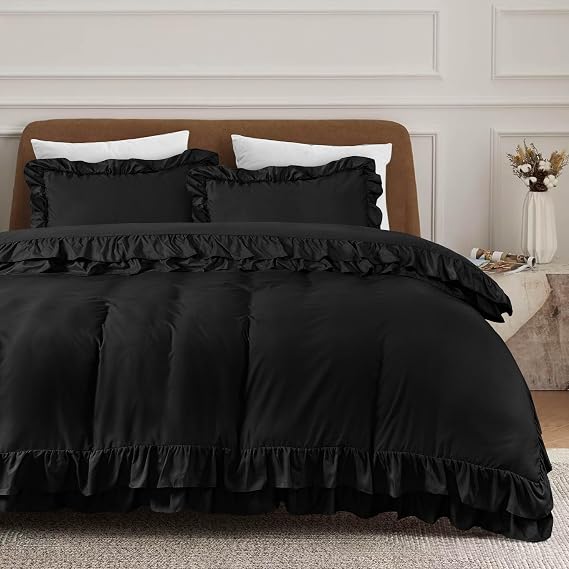 3 Pieces Ruffle Bedding Set with 2 Pillowcase Frills Duvet Cover with Button Closure Soft Microfiber Duvet Cover Set (Black, Single)