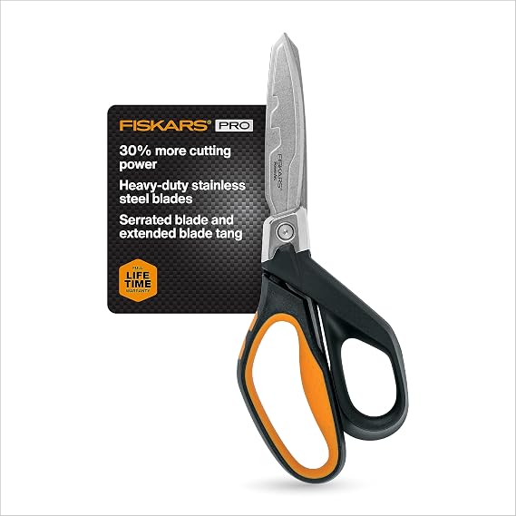 Fiskars Pro PowerArc Shop Shears, Heavy Duty Stainless Steel Scissor, Industrial Grade Tool for Building and Construction, 10 in, Orange/Black