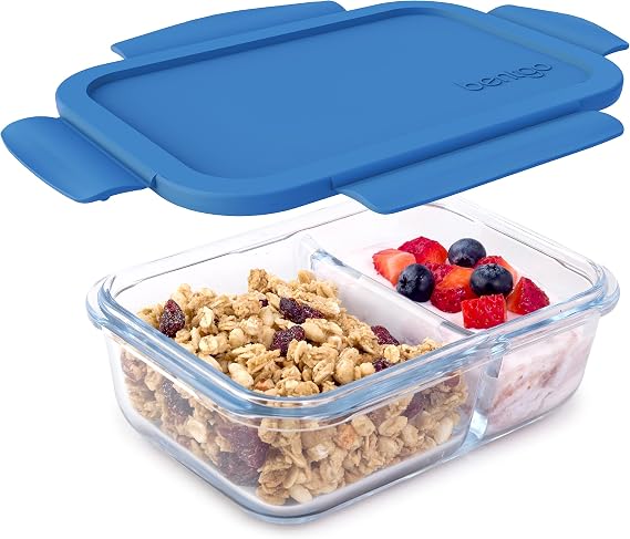 Bentgo Glass Snack - Leak-Proof Bento-Style Snack Container with Airtight Lid and Divided 2-Compartment Design - 1.75 Cup Capacity for Meal Prepping, and Portion-Controlled Snacking (Blue)
