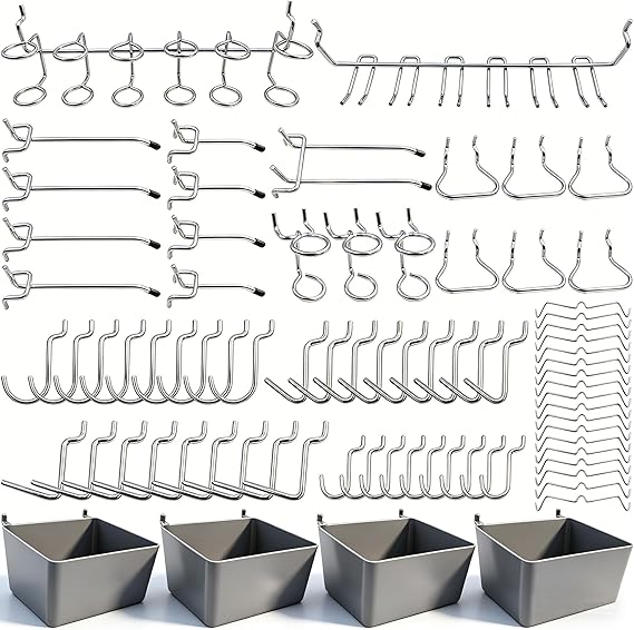 FRIMOONY Pegboard Hooks Assortment with Pegboard Bins, Peg Locks, for Organizing Various Tools, 80 Piece