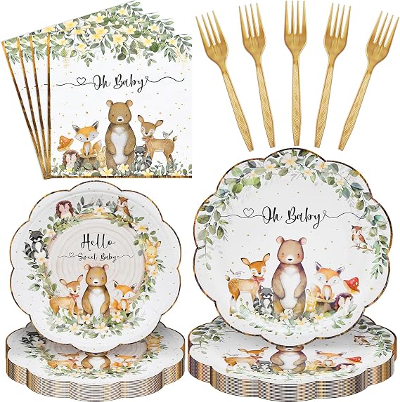 96 Pieces Woodland Baby Shower Tableware Set Scalloped Forest Animal Disposable Dinnerware with Paper Plates, Napkins, and Forks for Gender Neutral Baby Showers and Birthday Parties Serves 24