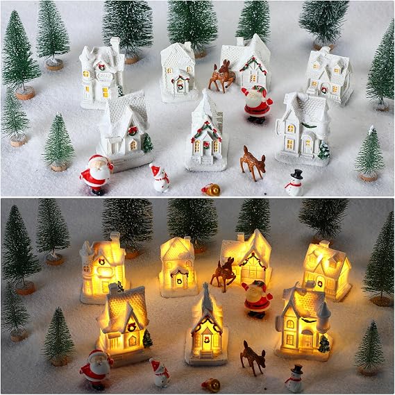 Poen LED Christmas Village Sets Lighted Resin Miniature Christmas Houses Town Figurine Display Tiny Mini Tree Winter Village Ornament Kit for Xmas Town Scene Desktop Ornament Table Decoration