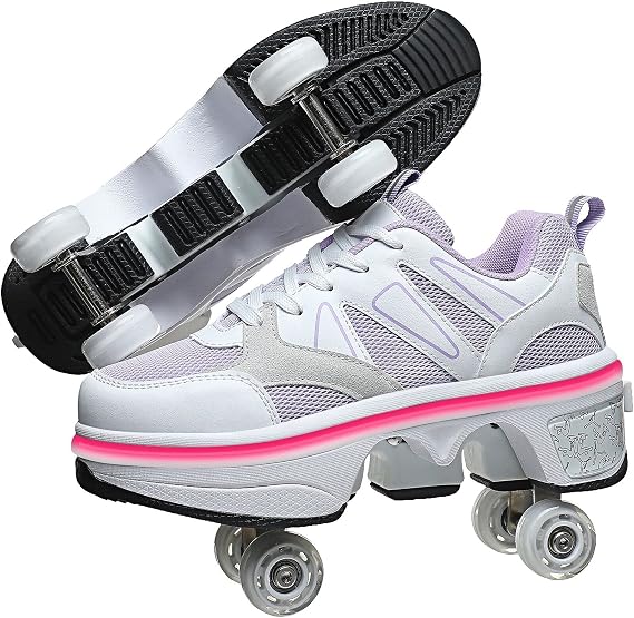 Men and Women Deformation Roller Skate Shoes, Kids Invisible Wheeled Double Row Walking Shoes
