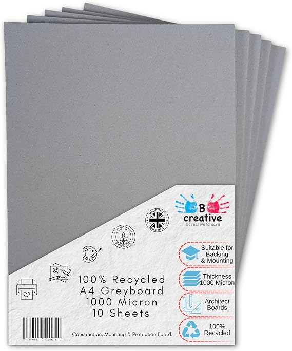Bcreativetolearn A4 Greyboard 10 Sheets. Mount Board. Backing Board. Model Making. Presentation Board, Thick Recycled Card 1000 Micron.