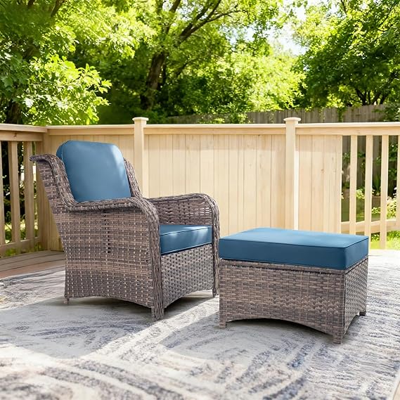 2 Pieces Patio Wicker Furniture Set, High Back Wicker Single Patio Chair Set with Ottoman, Outdoor Porch Chair with Thick Cushion for Balcony Deck Yard and Porch, Peacock Blue