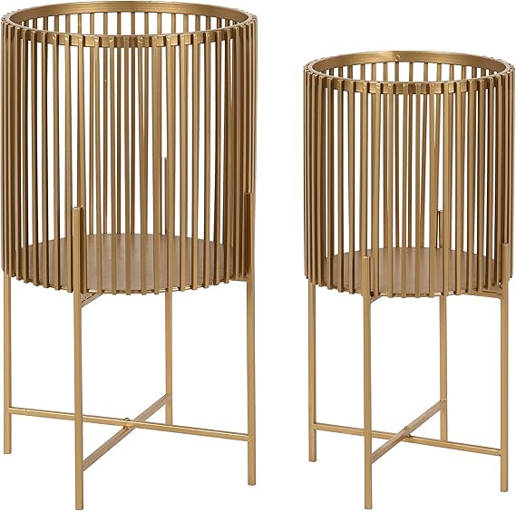 Kate and Laurel Paynter Modern 2-Piece Metal Floor Planter Set with Foldable Stand, Gold