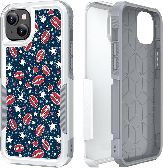 iPhone 15用ケース、スポーツフットボールパターン 衝撃吸収 ハードPCとシリコンハイブリッドデュアルレイヤーアーマーディフェンダーケース Apple iPhone 15 6.1インチ用 アメリカンフットボール背景