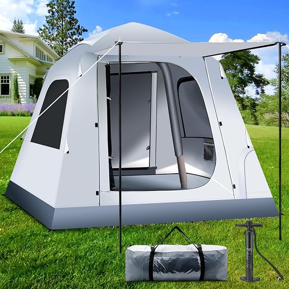 Easy Set up Quick Inflatable Camping Tent with Electric Pump, 3-4 Person Camping Outdoor Air Blow Up Tents Rainfly & Windproof Portable with Carry Bag for Family