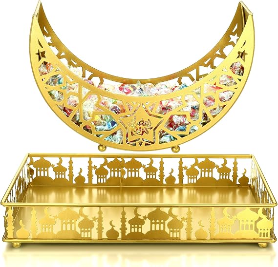 Hushee 2 Pcs Large Ramadan Plate Iron Serving Tray Plate Large Eid Mubarak Metal Serving Dishes Trays Moon Square Shape Food Dessert Tray for Home Ramadan Mubarak Party Supplies(Classic Style)