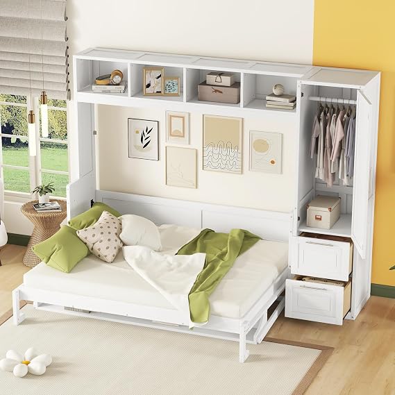 Versatile Wooden Queen Size Murphy Bed Folding Bed with Closet and Drawers,Wall Bed with Storage Shelves and Cabinet for Apartments Studio Bedroom Guest Room Small Room (White-@04)