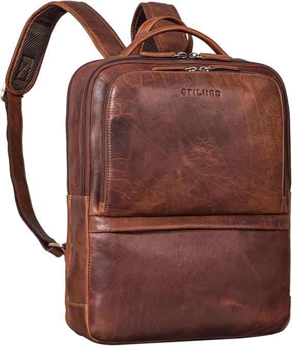STILORD "Albert" Modern Leather Business Backpack with Multiple Compartments for Men – Large Vintage Laptop Backpack 17 Inch | Travel Rucksack Work Backpack School Backpack Colour:Kara - Cognac