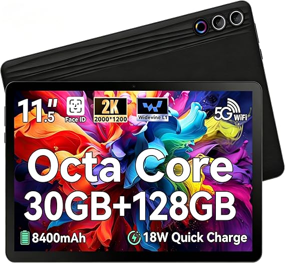 Ainmel 11.5 inch Tablet, Android Tablet, 2K Display (2000x1200 IPS), Octa-Core CPU, 30GB+128GB(TF 1TB), 8400mAh, 13MP+8MP, Widevine L1, Wi-Fi 6, 18W Quick Charge Gaming Streaming Study Tablets Pad