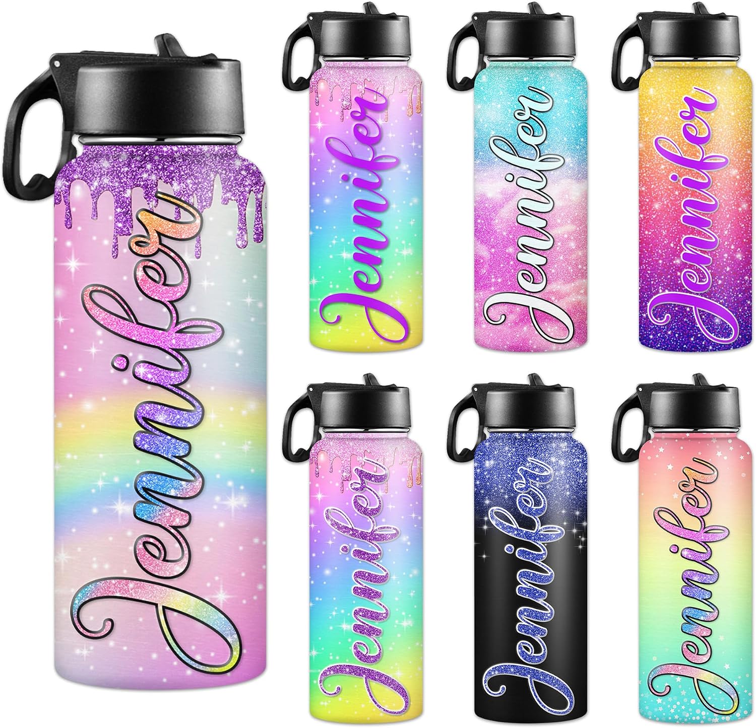 Personalized Insulated Water Bottle with Straw, Christmas Birthday Gift for Kids Women Men, Custom Stainless Steel Thermoses Cup with Name or Text, Patterns