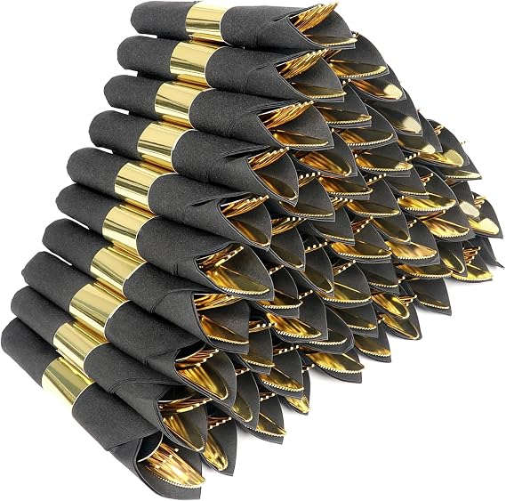 100 Pack Pre Rolled Gold Plastic Silverware Set with Napkins