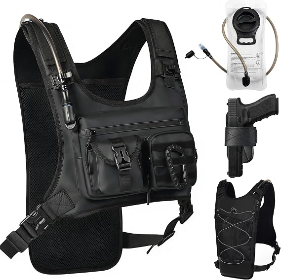 Hydration Running Vest Backpack with 2L Water Bladder - Lightweight & Reflective Chest Pack, Includes Tactical Gun Holster & Free Carabiner