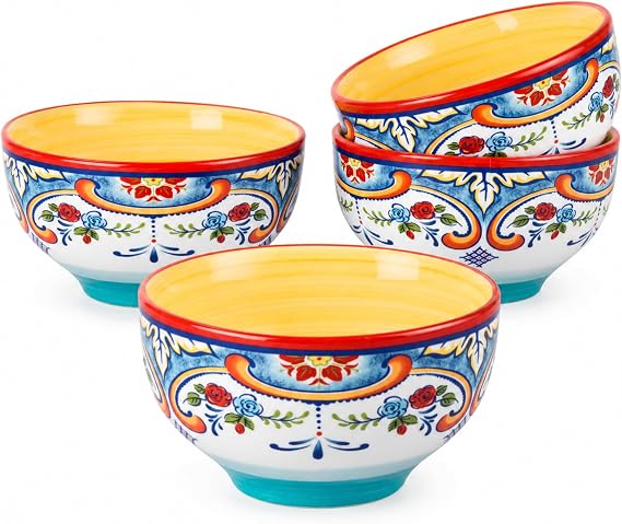 Euro Ceramica Zanzibar Collection Vibrant 5.6" Ceramic Cereal/Soup Bowls, Set of 4, Spanish Floral Design, Multicolor