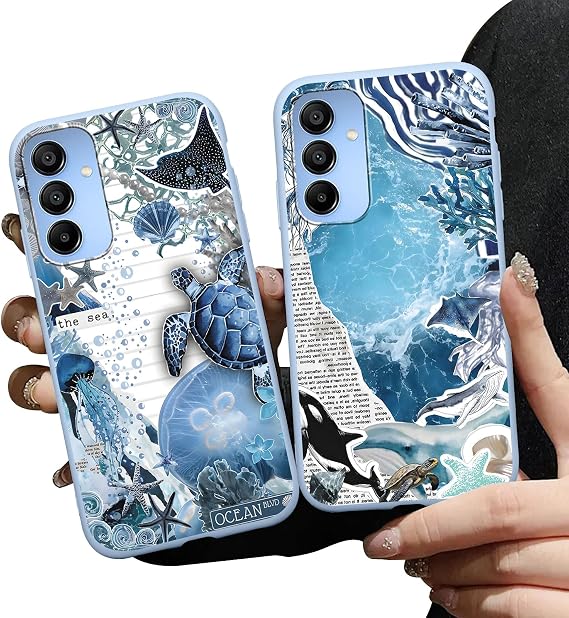 Samsung Galaxy A15 5G用ケース 海洋動物 耐衝撃 ソフト保護電話カバーFunda Samsung A15 5G 6.5インチ用 ビーチ 夏 カメ コラージュ スマホケース 2個パック