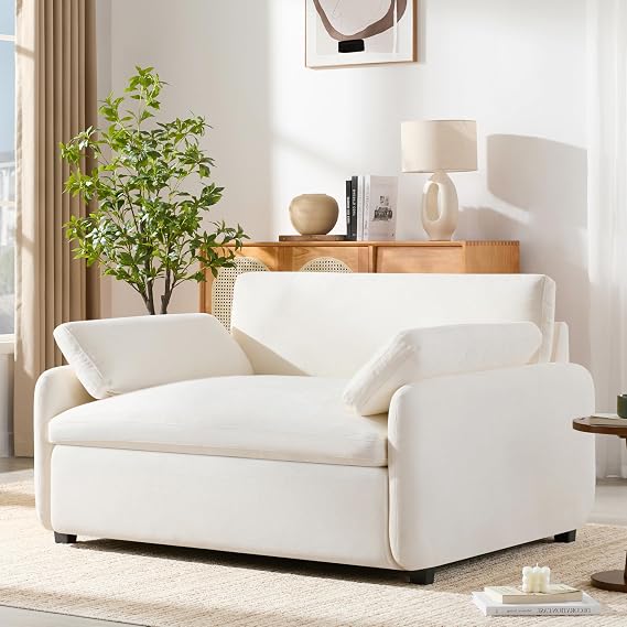 50 * 43 Oversized Modern Accent Chair, Ultra Wide and Deep Seat Single Sofa Chair, Chenille Soft Comfy Armchair with Two Throw Pillows for Living Room, Apartment, Dorm, Office (White)