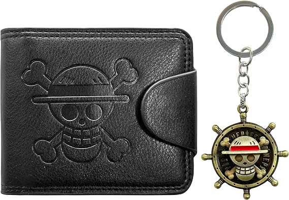 OP Bifold Wallet for Men, Straw Hat Luffy Skull Wallet and Keychain, Anime Fan Stylish Merch Gifts, Black, PU Leather