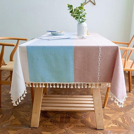 Table Cloth Tassel Cotton Linen Table Cover for Kitchen Wrinkle Free Table ClothsRectangle/Oblong(Double embroidery three-color red, white and blue,140 * 180cm)