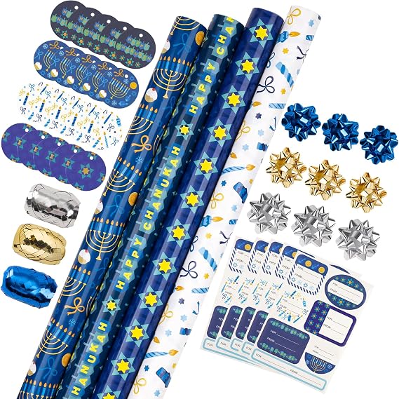 WRAPAHOLIC Hanukkah Wrapping Paper Set - Menorahs, the Star of David, Candles Design Chanukah Wrapping Paper Bundle with Gift Bow & Ribbon & Tag & Sticker