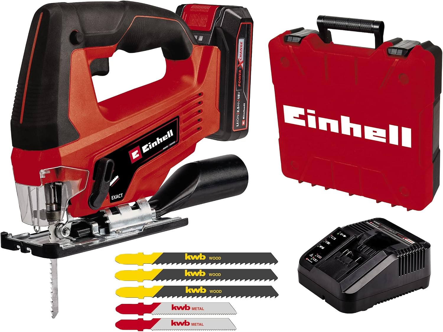 Einhell Cordless Decoupage Saw TC-JS 18 Li 1x2.5 Ah Power X-Change Li-Ion, 18 V, Pendulum Function, Dust suction Adapter, 1x 2.5 Ah Battery, Charger and Bag Included - 4321228