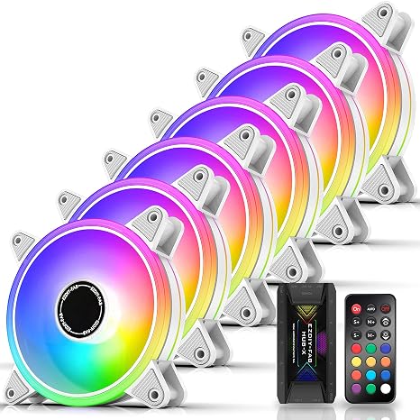 EZDIY-FAB White Moonlight 120mm RGB Case Fan with Fan Hub X and Remote,Motherboard Aura SYNC,Speed Control, ARGB Fan for PC , Desktop Case-6 Pack
