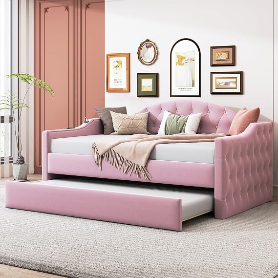 Upholstered Daybed and Trundle, Velvet Modern Button Tufted Twin Size Daybed Frame with USB&Type-C Charging Ports, Daybed Sofa Bed with Wood Slat Support, for Bedroom Living Room Guest Room (Pink)