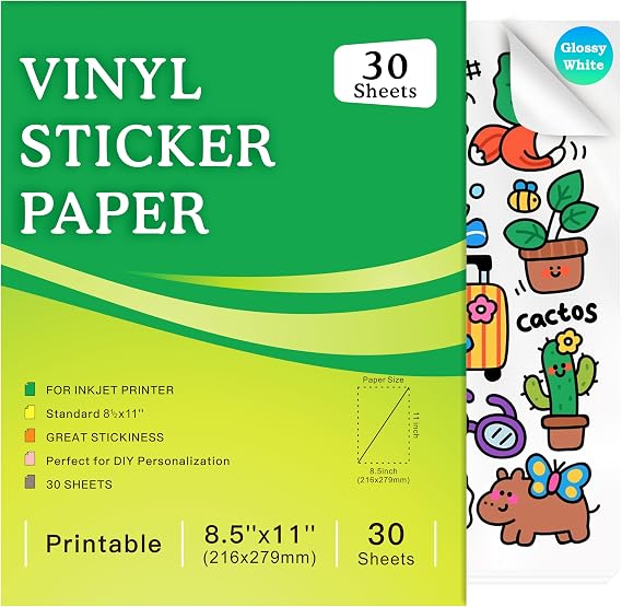 Aevdor 30-Sheet Glossy White Printable Vinyl Sticker Paper, 8.5x11, Inkjet